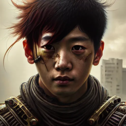 Image similar to portrait painting of a post - apocalyptic japanese young man wearing rusty samurai armor, ultra realistic, concept art, intricate details, eerie, highly detailed, photorealistic, octane render, 8 k, unreal engine. art by artgerm and greg rutkowski and charlie bowater and magali villeneuve and alphonse mucha