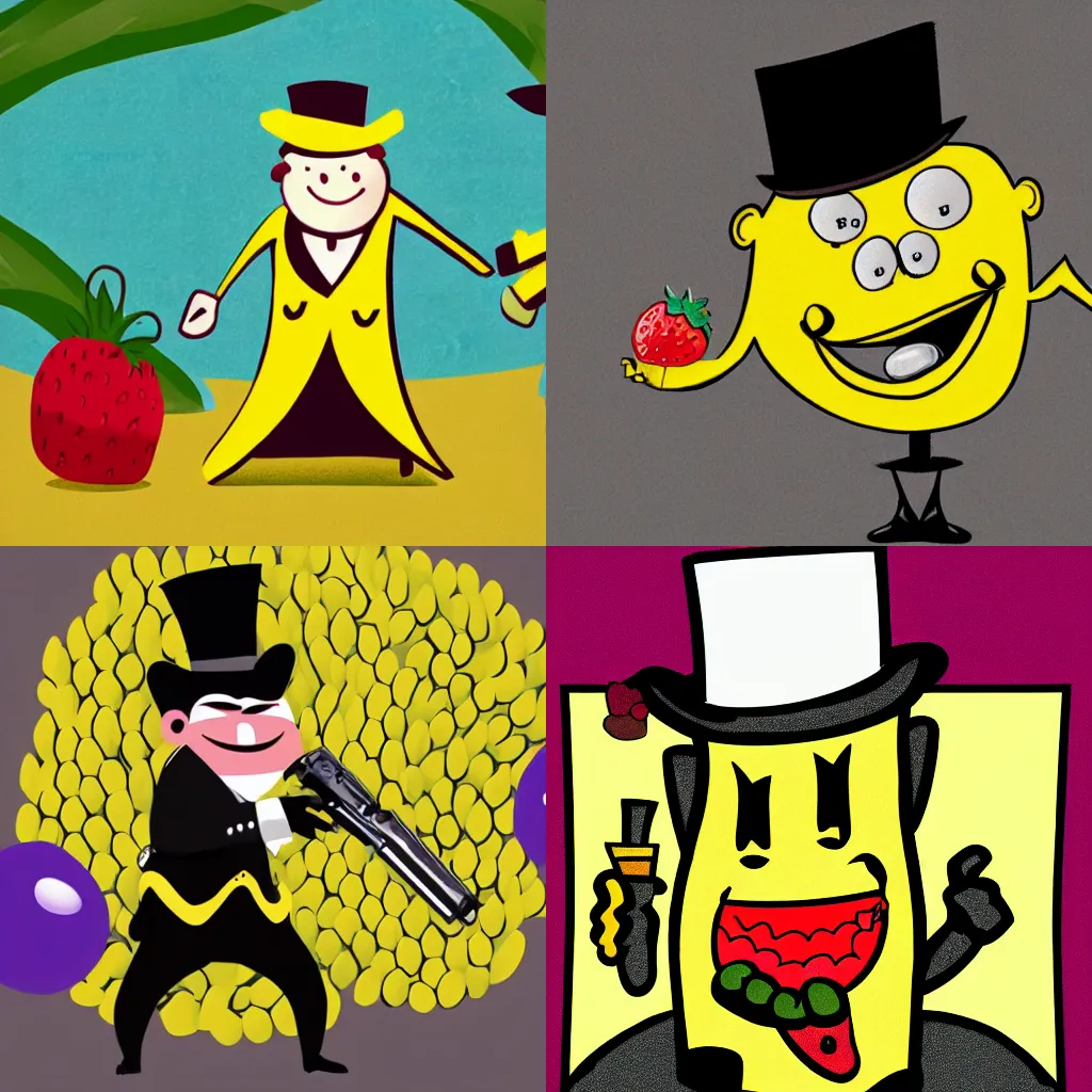 Prompt: A professional illustration of a banana man with a top hat, pointing a gun at a berry man hostage.