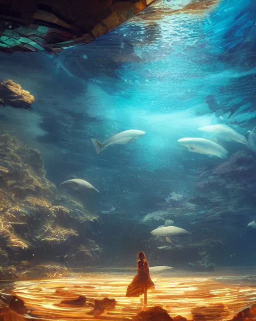 Image similar to underwater atlantis, glowing lights, whales, light, shadows, rippling reflections, epic composition, intricate, elegant, volumetric lighting, digital painting, highly detailed, artstation, sharp focus, illustration, concept art, ruan jia, steve mccurry