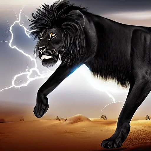 Prompt: portrait of a black lion with gold lightnings in the fur in the middle of the desert , concept art, huge scale, photorealistic, high details by Nick Nichols