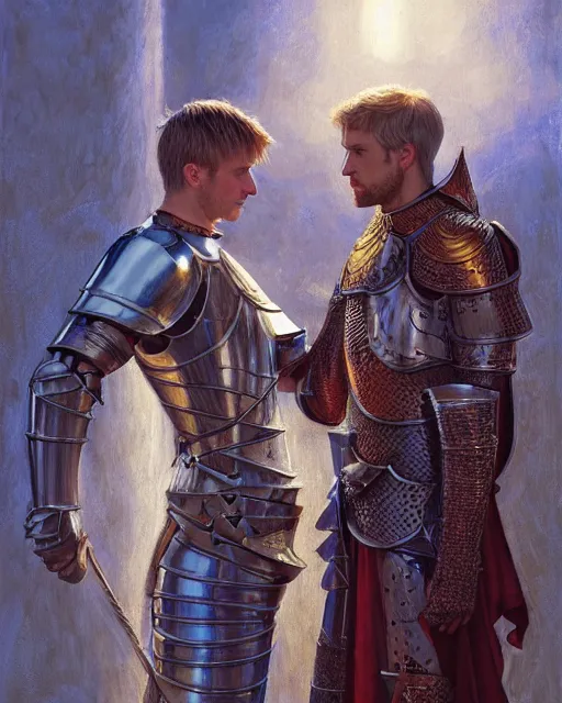 Image similar to attractive arthur pendragon confesses his love to his attractive male knight, they are close to each other, in a quiet moment highly detailed, very intricate, cinematic lighting, by donato giancola and rossdraws and magali villenueve, featured on artstation