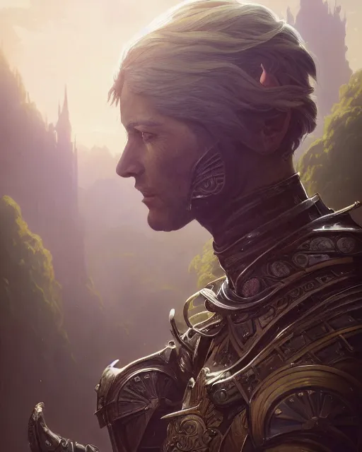 Image similar to highly detailed vfx portrait of a fantasy knight, stephen bliss, unreal engine, greg rutkowski, loish, rhads, beeple, makoto shinkai and lois van baarle, ilya kuvshinov, rossdraws, tom bagshaw, alphonse mucha, global illumination, detailed and intricate environment