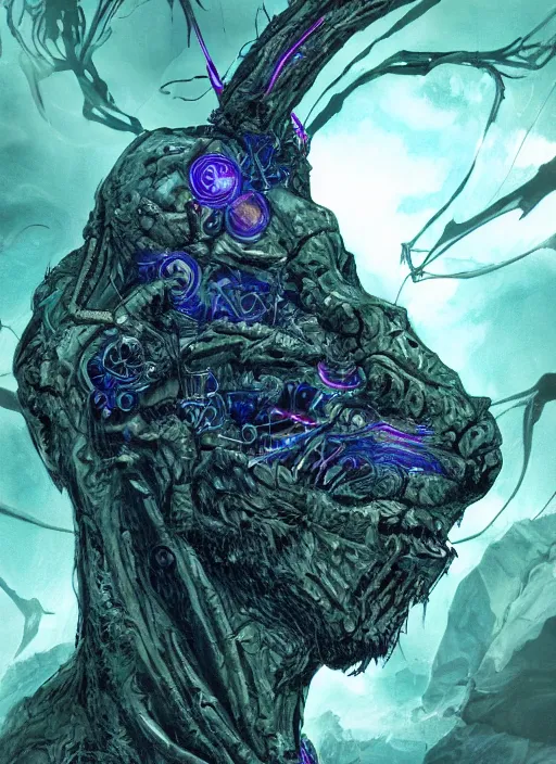 Image similar to basilisk of roko and the awakening of an ai with consciousness, surreal technological conceptual art magical cybernetic realism horro visions distopic and utopic art