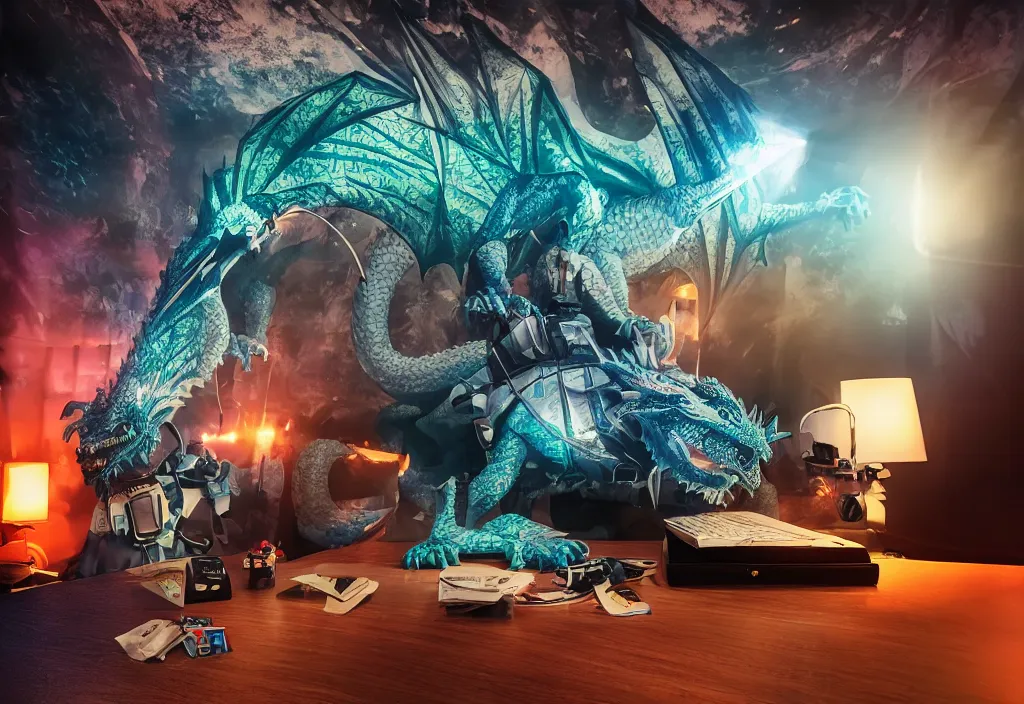 Image similar to 3 d dragon popping out of curved movie screen, 3 d medieval knight popping out of curved movie screenvolumetric lighting, bedroom, visor, users, pair of keycards on table, bokeh, creterion collection, shot on 7 0 mm, instax