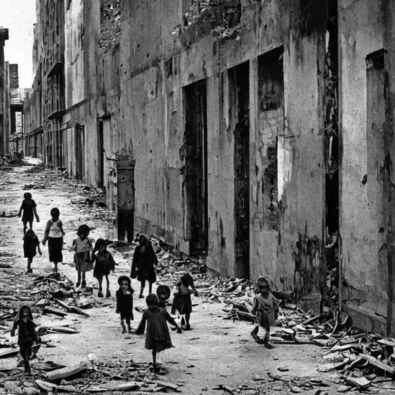 Image similar to homeless children walk through the ruins of the city, scary photo in color