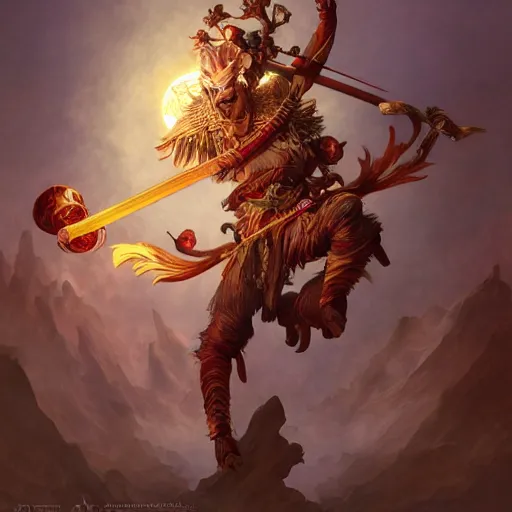 Image similar to Sun Wukong in the korean mmo Lost Ark, monkey king, divine, golden ,symmetrical, D&D character art, portrait, digital painting, Peter Mohrbacher, Alphonse Mucha, Brian Froud, Yoshitaka Amano, Kim Keever, Victo Ngai, James Jean