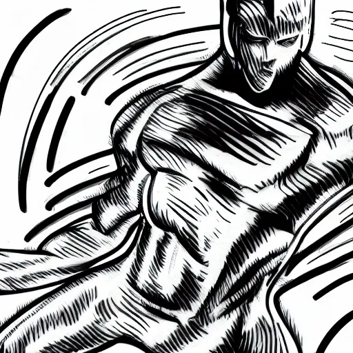 Image similar to a simple black and white pencil storyboard of a giant humanoid athletic sleek futuristic humanoid android powering up as small floating particles swirl around it, action lines