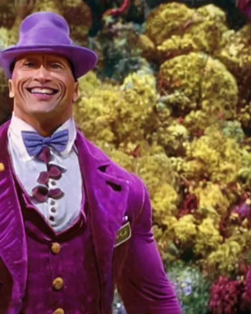 Prompt: Film still of Dwayne Johnson as Willy Wonka from the movie Willy Wonka & The Chocolate Factory