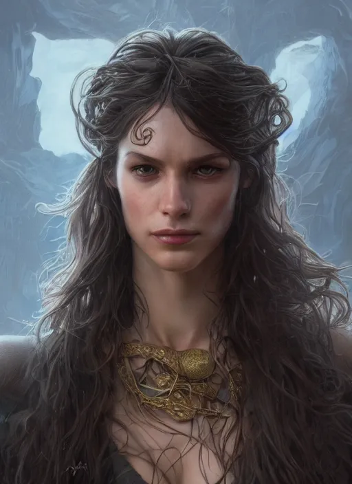 Image similar to close up portrait of a ruggedly handsome female witch, soft hair, muscular, half body, leather, hairy, d & d, fantasy, intricate, elegant, highly detailed, digital painting, artstation, concept art, smooth, sharp focus, illustration, art by artgerm and greg rutkowski and alphonse mucha