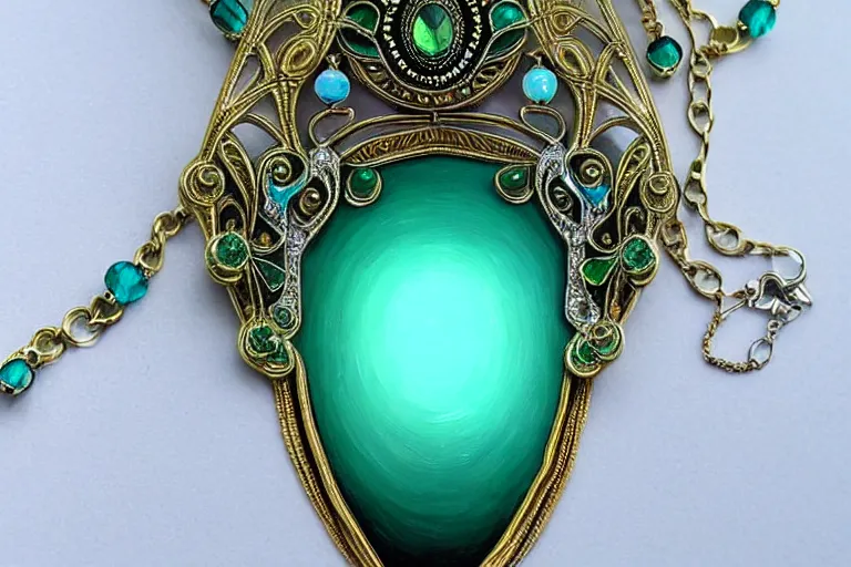 Prompt: highly detailed oil painting, very realistic gemstones, symmetrical, art nouveau, ornate, delicate, brilliant green, cyan and light blue gemstone necklace, dramatic light,