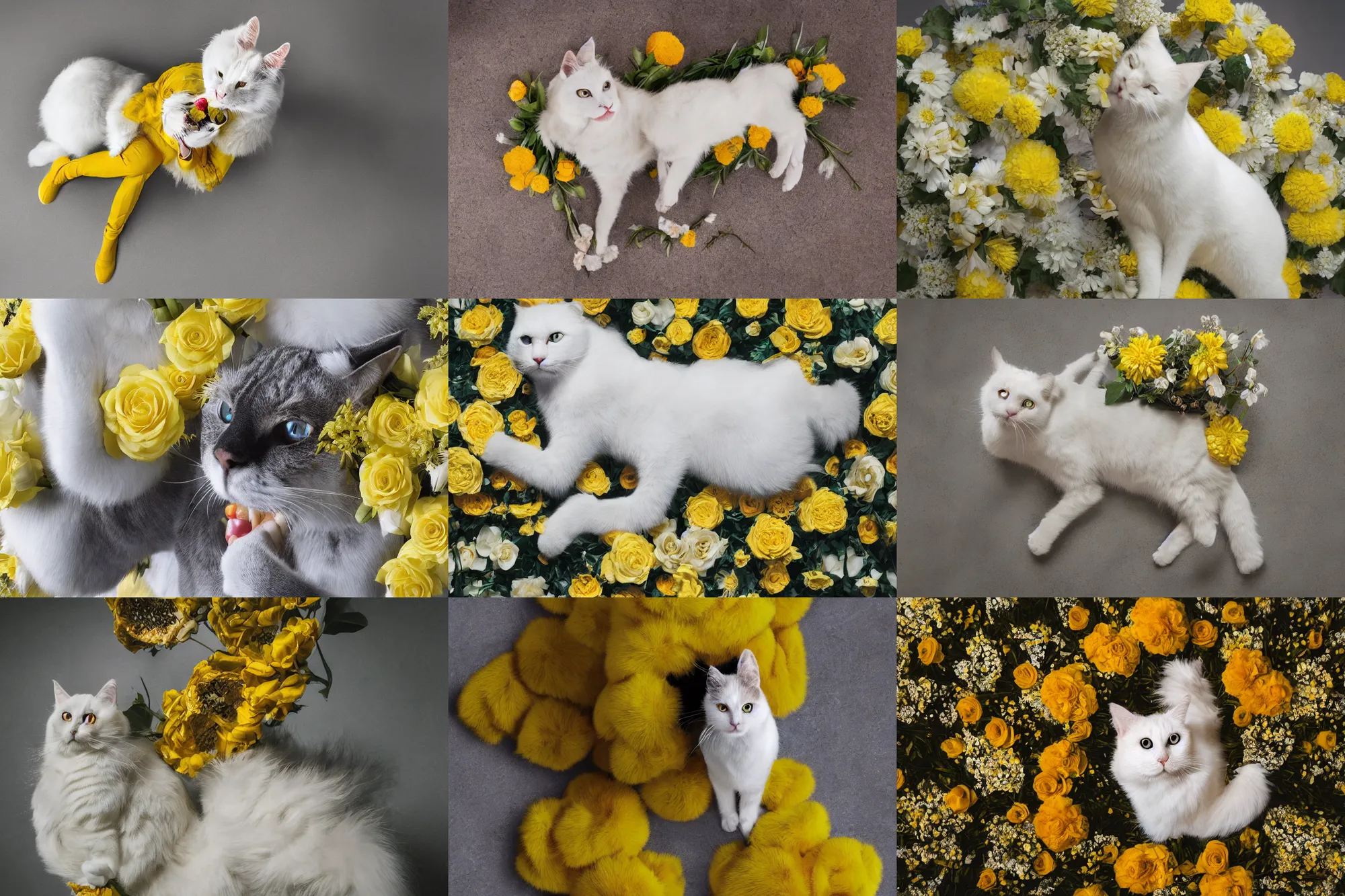 Prompt: pov shot photography of white cat in yellow fur patterns, exogenous flowers bouquet in her mouth, under my feet wearing jeans and sneakers, large happy eyes, octane render, photorealistic, 8 k