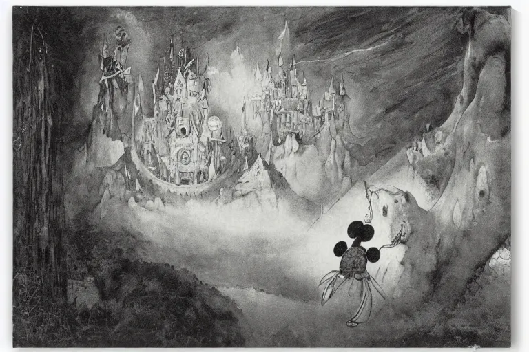 Prompt: magical 1920's style disney art of a mickey mouse scene by sidney sime gustave dore goya