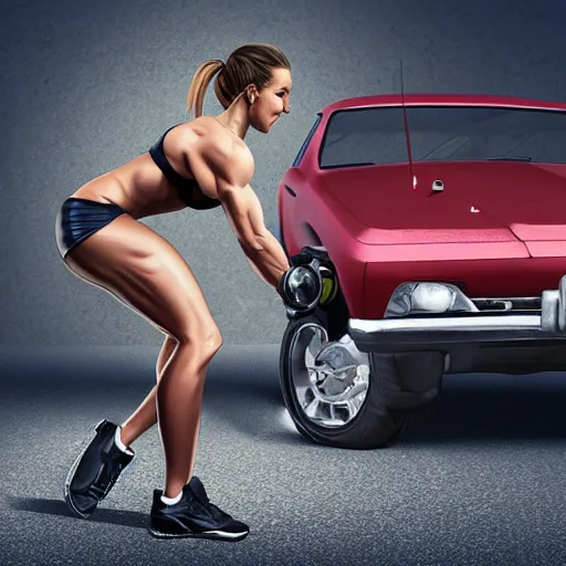 Prompt: sweaty muscular female lifting a car, photorealistic