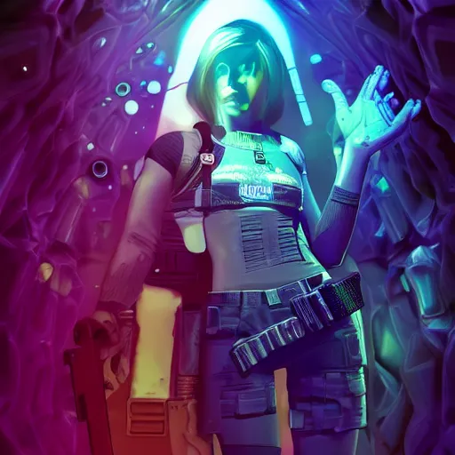 Prompt: Extreme long Shot of psychedelic Jill valentine standing with glock17 in mysterious chromatic astral temple , beautiful, dmt, trending on artstation, omnious, soft, hypermaximalistic, high details, cinematic, 8k resolution, artwork by Wong, Liam