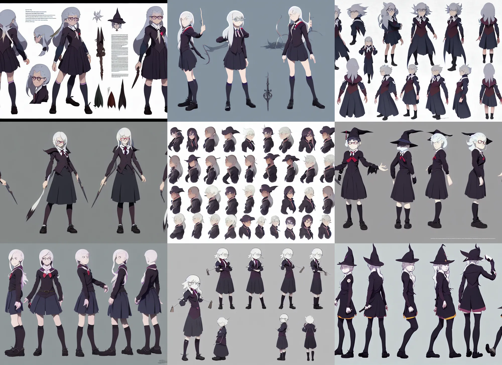 Prompt: character model sheet of female student witch by greg rutkowski, witch academia, magic school uniform, white hair color, library nerd glasses, by studio ghibli and ross tran, digital art, trending on artstation, highly detailed, concept art, beautiful, masterpiece