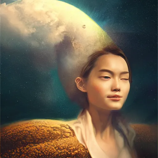 Prompt: 3 d, sci - fi, night, moon, moon rays, smiling fashion model face, cinematic, clouds, vogue cover style, realistic painting, intricate oil painting, high detail illustration, figurative art, multiple exposure, poster art, 3 d, by tooth wu and wlop and beeple and greg rutkowski