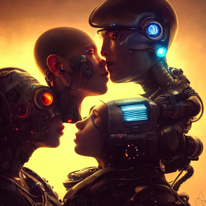 Image similar to ultra realistic medium shot of a couple of cyborgs kissing, lovers, cyberpunk, sci - fi, fantasy, kodak, colour led, soft light, volumetric lighting, night, intricate, highly detailed, digital painting, concept art, smooth, sharp focus, illustration, art by artgerm and greg rutkowski and alphonse mucha