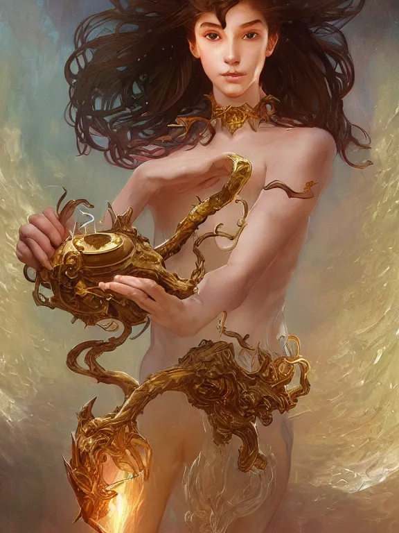 Image similar to young summoner with a water elemental, fantasy, man, intricate, elegant, highly detailed, digital painting, artstation, concept art, wallpaper, smooth, sharp focus, illustration, art by artgerm and greg rutkowski and alphonse mucha