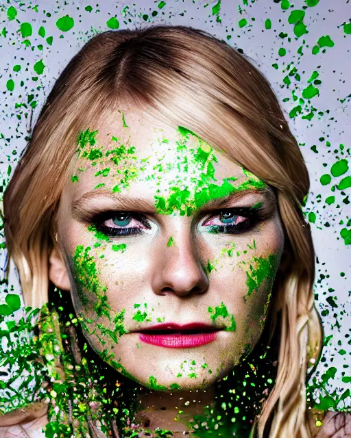 Prompt: photorealistic portrait headshot photos of kirsten dunst with bright green paint splattered across her face. photoshoot peter hurley, nyc headshot photographer, photorealistic