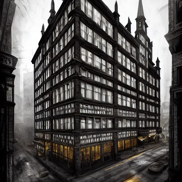 Image similar to photorealistic painting of a 1 9 2 0 s gothic style hotel in downtown boston, overlooking a dark street, architectural, atmospheric lighting, brooding, painted, intricate, ultra detailed, well composed, best on artstation, cgsociety, epic, horror, stunning, gorgeous, intricate detail, much wow, masterpiece, cinematic aesthetic octane render, 8 k hd resolution,