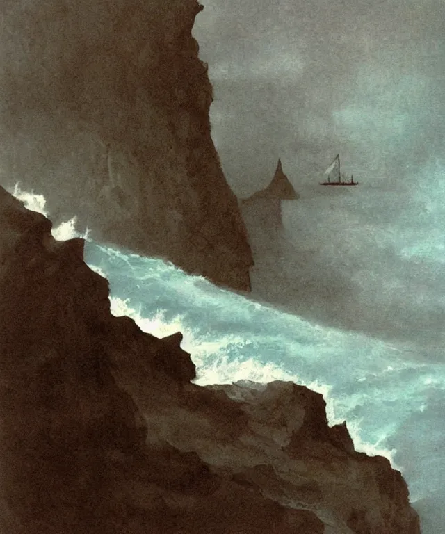 Image similar to photorealistic painting of a 1 9 2 5 seiner sailing near a tropical cliff with the mouth of a sea cave at the waterline, dark, brooding, atmospheric, lovecraft, horror, smooth, epic, highly detailed, cinematic, by angus mcbride