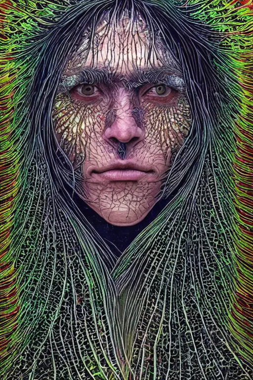 Image similar to beautiful dark portrait of one Bioluminescent old shaman, with cracked fractal semi-transparent skin. multicolored fish scales, closeup. long hair full of insects and plant leaves. at night, realistic. intricate, very detailed, by alex grey and Moebius