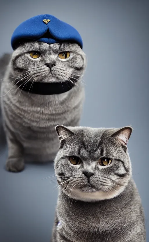 Image similar to portrait photo of scottish fold cat wearing a black military hat, blue tabby fur, highly detailed, high resolution, cosplay photo, stunning, bokeh soft, trending on instagram, by professional photographer, soldier clothing, military uniform, shot with a canon