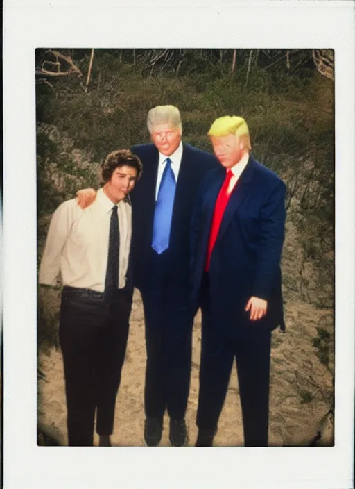 Image similar to polaroid of jeffrey epstein, bill clinton, and donald trump on an island