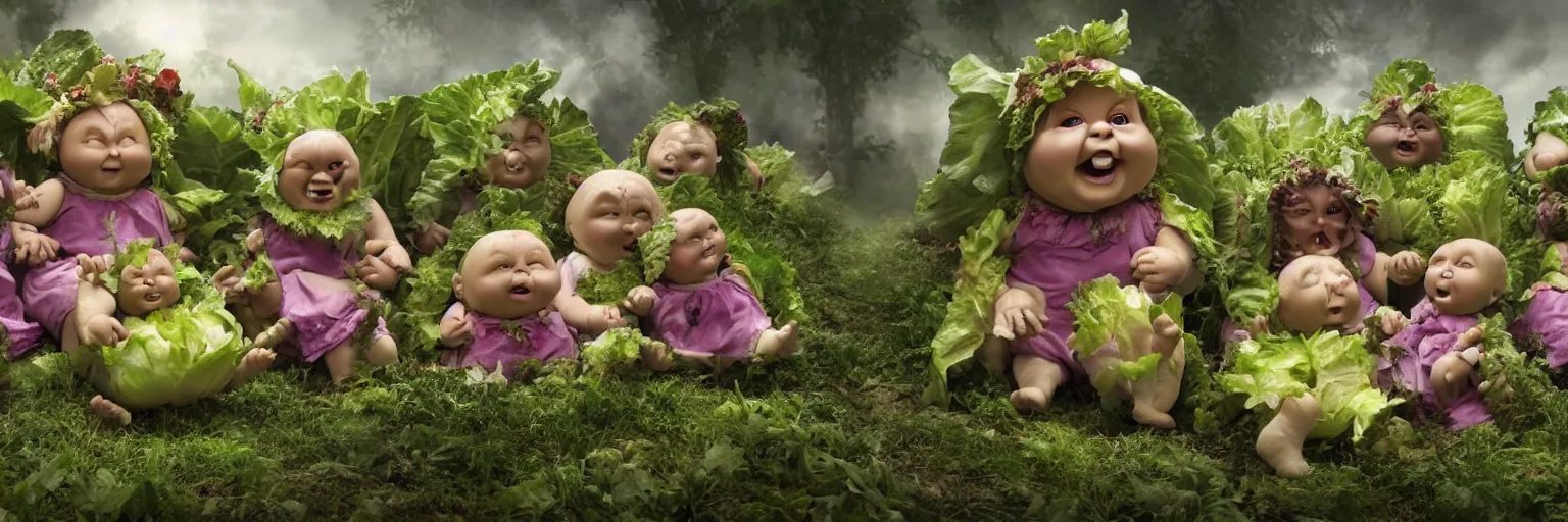 Prompt: A gaggle of ultrarealistic Cabbage-patch demon babies are eating each other in a hellish garden, horror, dark, cabbages, 8k resolution