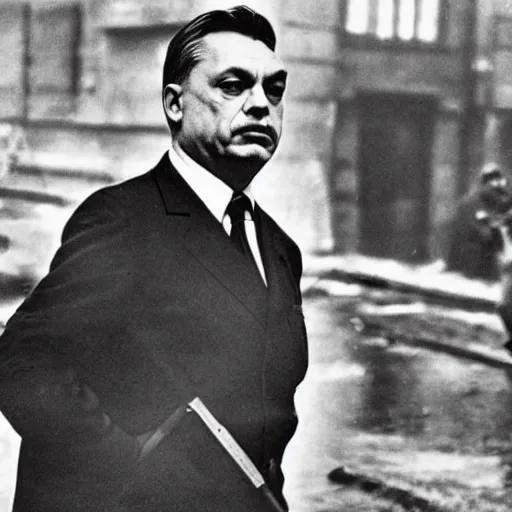 Prompt: leader of fascist hungary, viktor orban, overseeing the war torn city of budapest during the siege 1 9 4 5