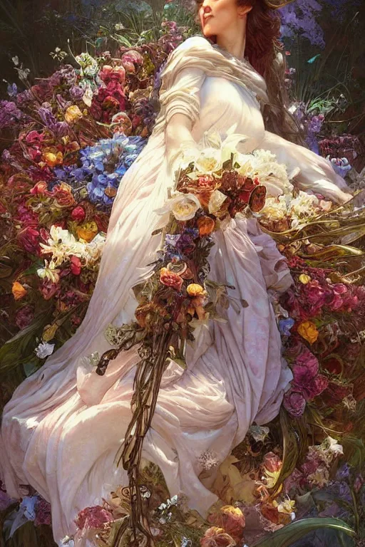 Prompt: a beautiful mysterious woman holding a large bouquet of flowing flowers, sleeping in an elaborate coffin, fantasy, regal, intricate, by stanley artgerm lau, greg rutkowski, thomas kindkade, alphonse mucha, loish, norman rockwell