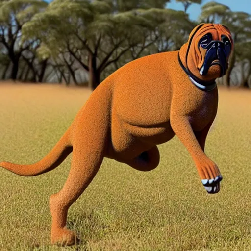 Image similar to boerboel in a field chasing a kangaroo, detailed, intricate, realistic