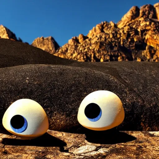 Prompt: Photograph of two rocks with googly eyes at edge of a mountain in a savana