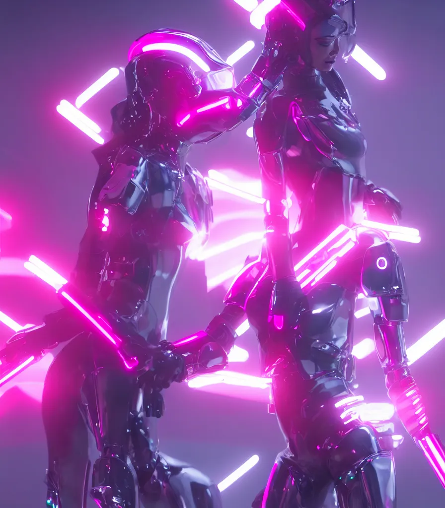 Image similar to cinematic, photography, a beautiful rihanna cyborg, perfect bionic body, pink chrome armor, neon holographic ui data displays, pink space gun, hajime sorayama, masamune shirow, octane rendered, 4 k, lens flare,