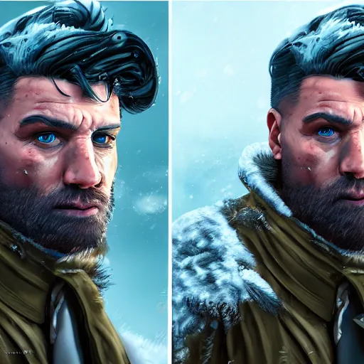 Image similar to A comic book style portrait painting of a sheriff in a a post apocalyptic winter landscape, unreal 5, DAZ, hyperrealistic, octane render, RPG portrait, ambient light, dynamic lighting