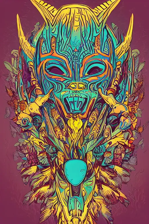 Image similar to animal mask totem roots flower tribal feather gemstone plant wood rock shaman vodoo video game vector cutout illustration vivid multicolor borderlands comics by josan gonzales and dan mumford radiating a glowing aura