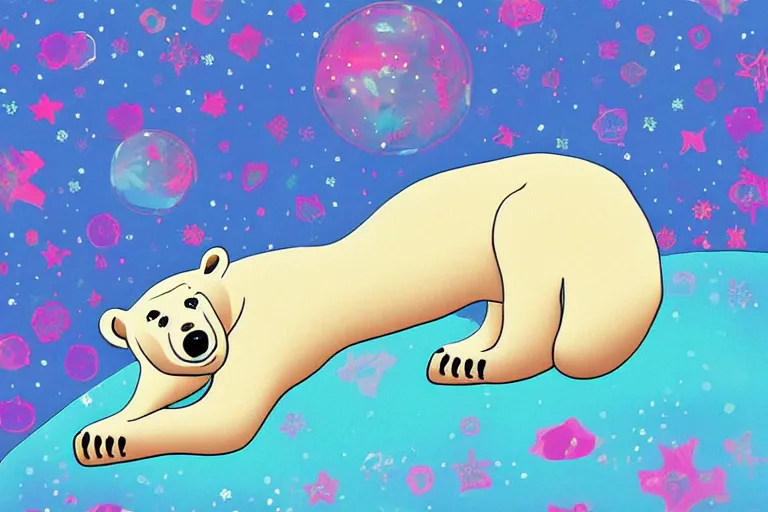 Image similar to a relaxed polar bear looking to the sky by lisa frank, digital art,