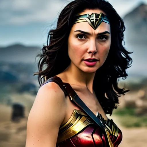 Image similar to Still of Gal Gadot as Wonder Woman, 50% Mediterranean, stunning closeup, 35mm F/1.2