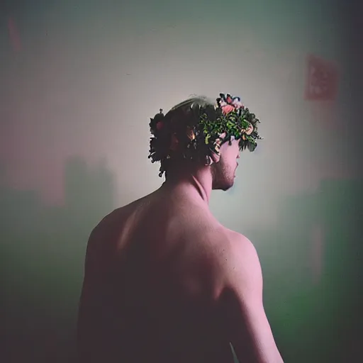 Image similar to kodak portra 4 0 0 photograph of a skinny blonde goth guy standing in a cluttered bedroom, back view, flower crown, moody lighting, telephoto, 9 0 s vibe, blurry background, vaporwave colors, faded!,