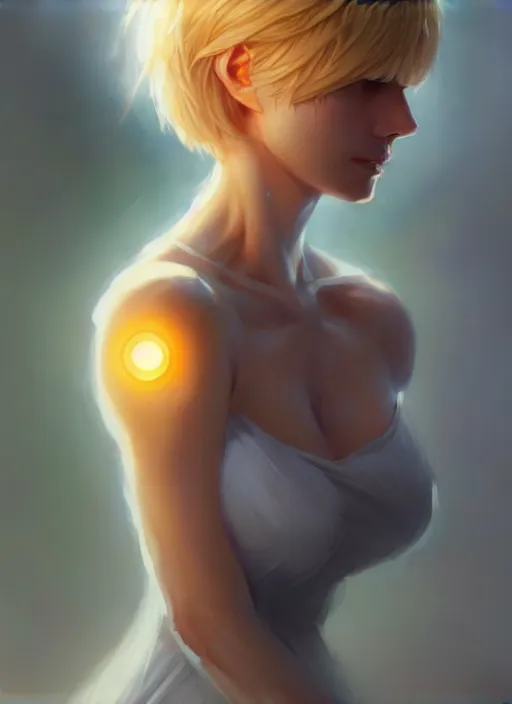 Prompt: digital character concept art by artgerm and greg rutkowski and sylvain sarraih. clear portrait of a shy modern wife blessed by god to grow immaculately fertile and perfect!! blonde, in clothes! holy body! light effect. hyper detailed, glowing lights!! intricate, elegant, digital painting, artstation, smooth, sharp focus