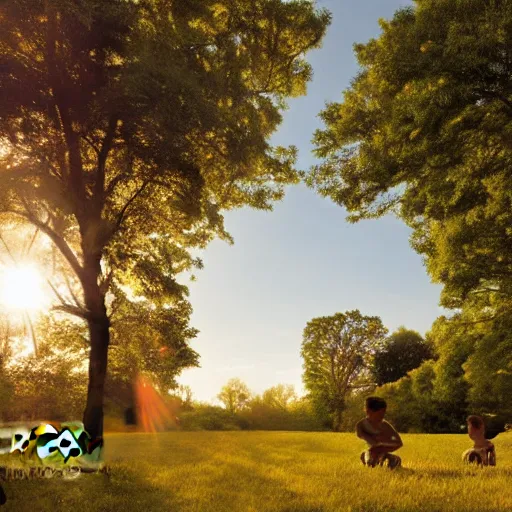 Image similar to Photograph. Conceptual art, the warm, golden light of the sun casts a beautiful glow on the scene, and the gentle breeze ruffles the leaves of the trees. The figures in the conceptual art are engaged in a simple activity, the way they are positioned and the expressions on their faces suggest a deep connection. Peace and contentment, idyllic setting. Shutterstock by Brian Despain, by Andrew Macara washed-out