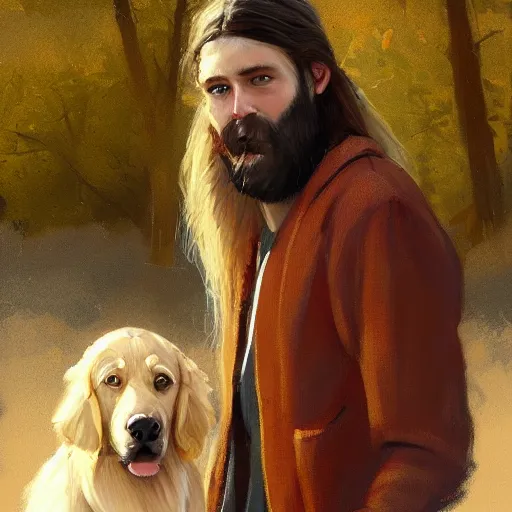 Image similar to oil painting of a young man with long hair blond and a beard hippie style painting on a golden retriever, people watching around, by greg rutkowski, artstation