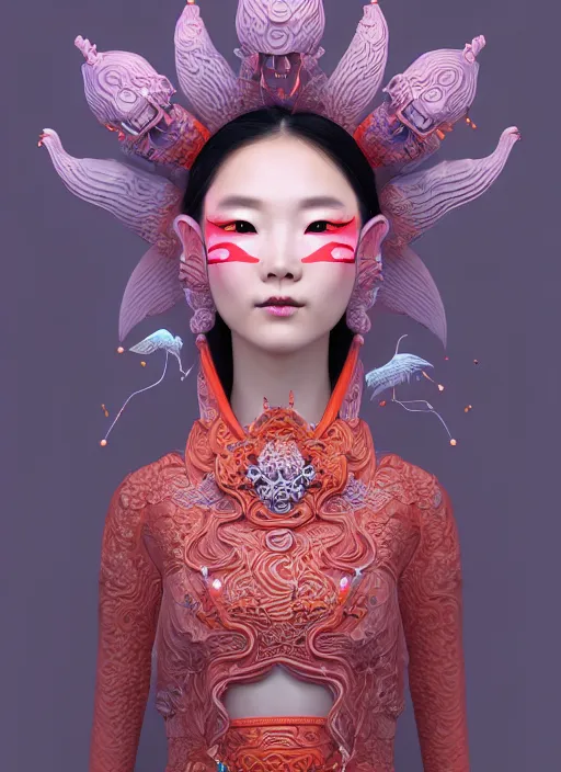 Image similar to 3 d goddess medium shot profile portrait. beautiful intricate highly detailed korean gumiho mask and traditional korean hanbok. stingray, magpie, bioluminescent, plasma, lava, ice, water, wind, creature, fog, artwork by tooth wu and wlop and beeple and greg rutkowski, 8 k trending on artstation,