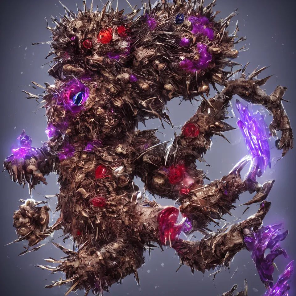 Image similar to anthropomorphic horror nightmare hedgehog with purple crystal tipped quills and red static and corroded rings trending on artstation 4 k cinematic action