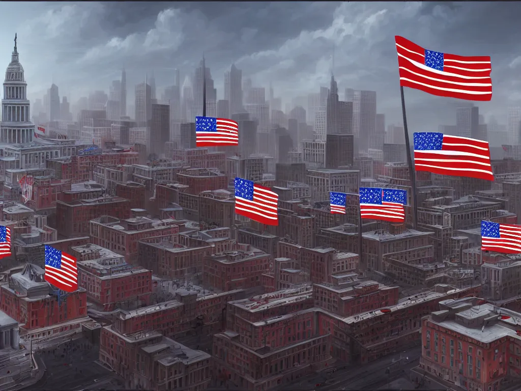 Prompt: landscape matte painting of a communist american state capital showing the triumph of communism in america, socialist american state flags, socialist statues, digital painting, modern city scape, conflict, camaraderie, sacrifice, hope, highly detailed, 4 k, artstation, photorealistic, architecture, america 2 0 9 8 by fan wennan