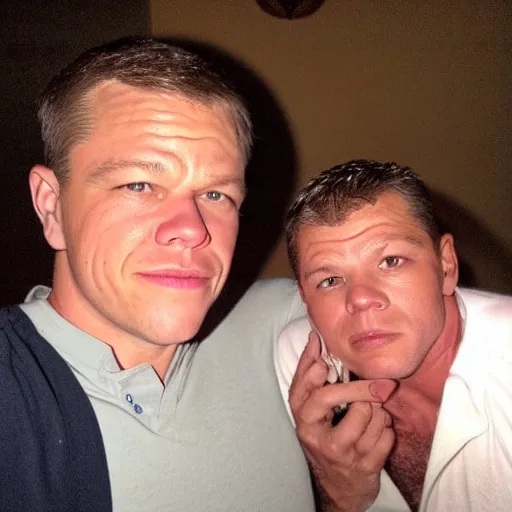 Image similar to HUH?? My dad look like Matt Damon, hand held picture, the camera flash is so bright in his face, viral photo