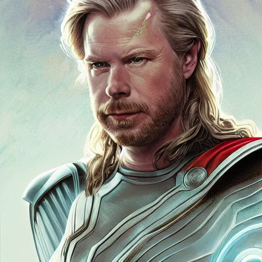 Image similar to portrait of Michael McKean as Thor, elegant, intricate, headshot, highly detailed, digital painting, artstation, concept art, sharp focus, illustration, art by artgerm and greg rutkowski and alphonse mucha