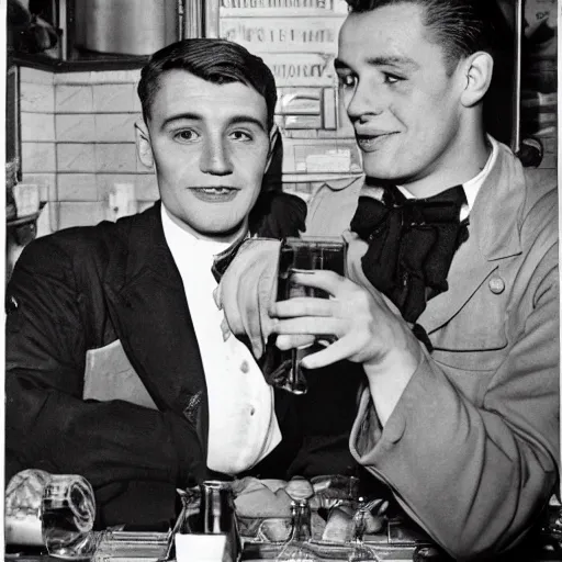 Image similar to gay couple on a bar in paris, 4 0 s, photograph