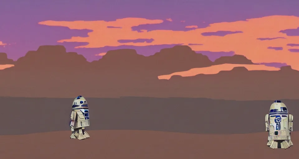 Prompt: beautiful wide shot tatooine landscape obi wan kenobi Luke skywalker R2-D2 in Star Wars a new hope 1977 by studio ghibli, Miyazaki, studio ghibli, Jean girard, Moebius , animation, golden hour, highly detailed, 70mm