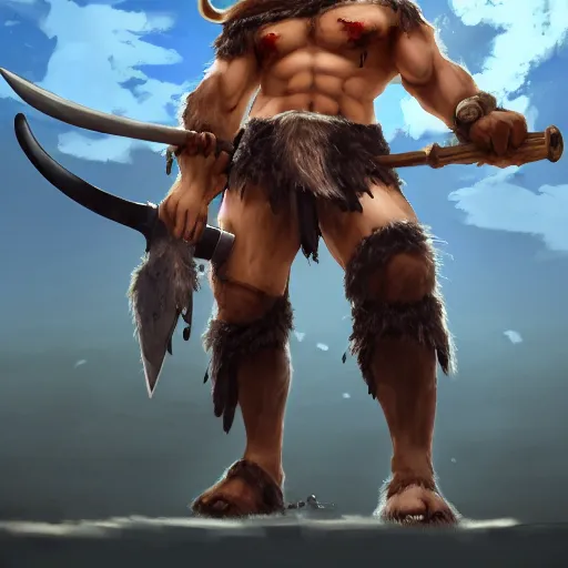 Prompt: bull man barbarian wearing a tattered loincloth with an giant axe, fursona, furry art, anthro, detailed dark brown fur, detailed long black hair, big horns, scars, anime key visual, portrait, makoto shinkai